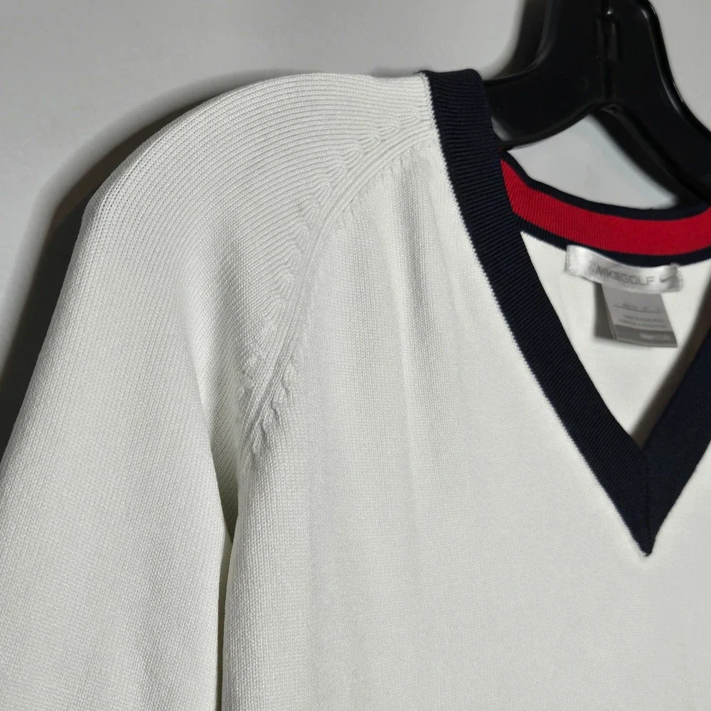Nike Golf Sweater Y2K Womens Medium White V-Neck 3/4 Sleeve Knit Navy Red Trim